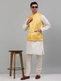 Jompers Men's Embroidered Nehru Jacket With Solid Kurta Pyjama Set - Yellow | Grocsy