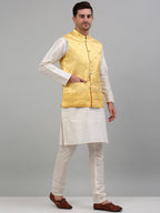 Jompers Men's Embroidered Nehru Jacket With Solid Kurta Pyjama Set - Yellow | Grocsy