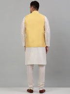 Jompers Men's Embroidered Nehru Jacket With Solid Kurta Pyjama Set - Yellow | Grocsy