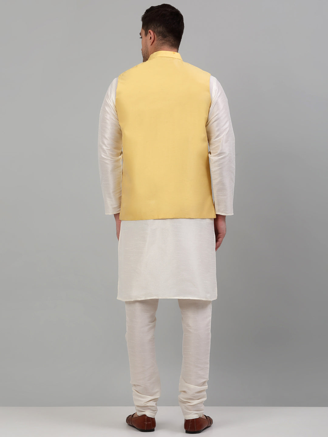 Jompers Men's Embroidered Nehru Jacket With Solid Kurta Pyjama Set - Yellow | Grocsy
