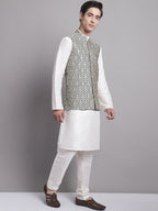 Jompers Men's Silver and Black Woven Design Nehru Jacket With Solid Kurta Pyjama | Grocsy