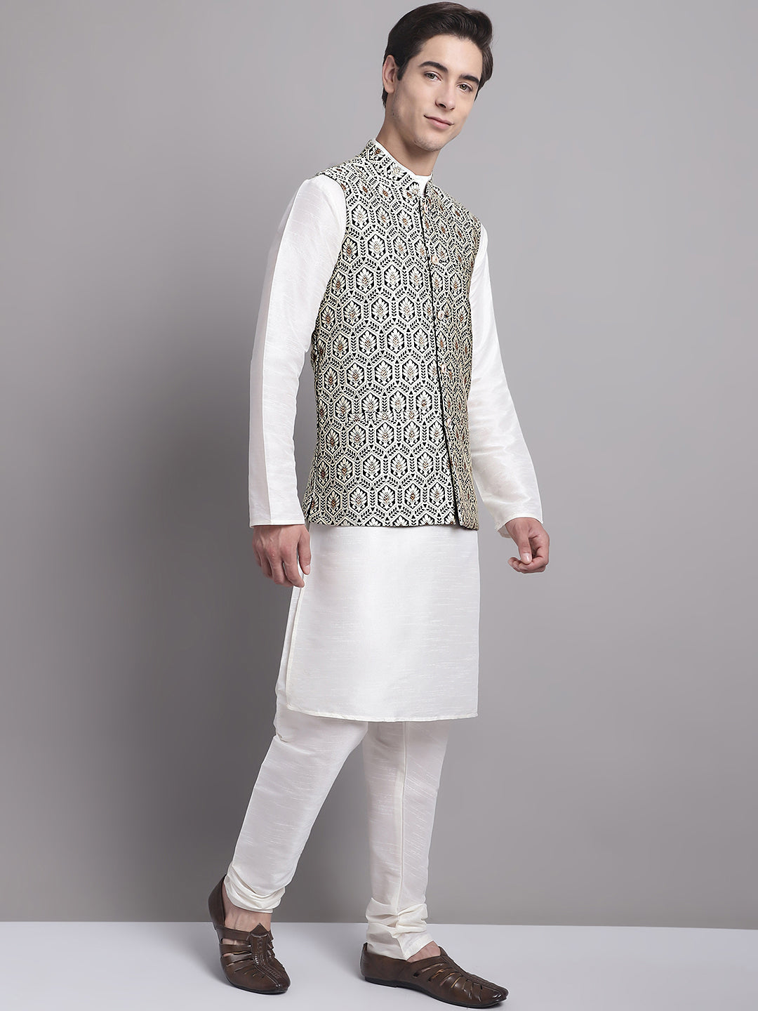 Jompers Men's Silver and Black Woven Design Nehru Jacket With Solid Kurta Pyjama | Grocsy