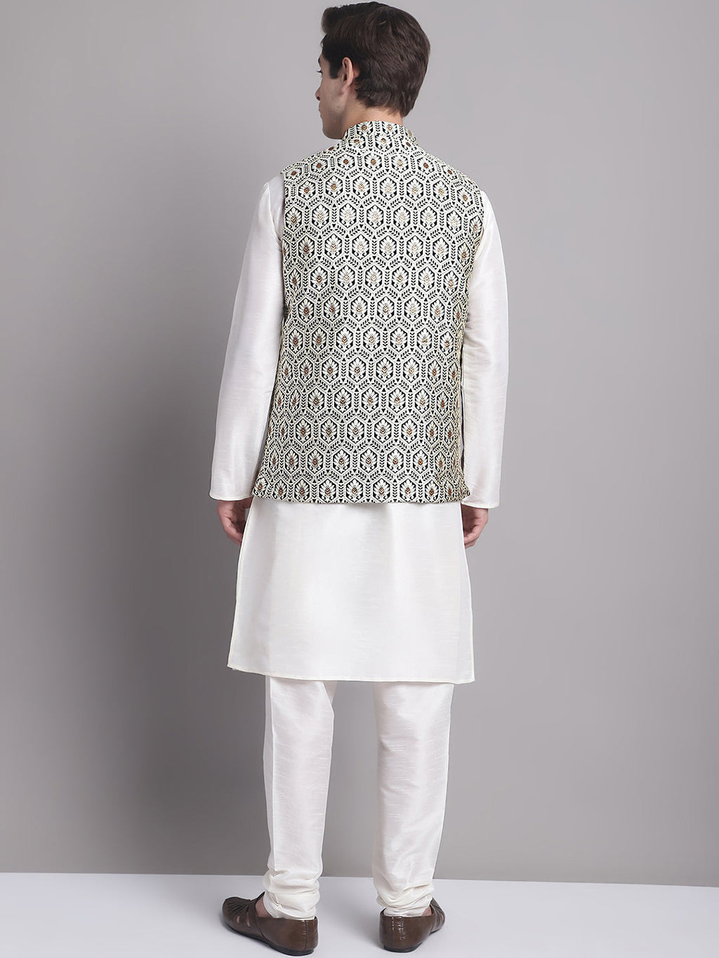Jompers Men's Silver and Black Woven Design Nehru Jacket With Solid Kurta Pyjama | Grocsy