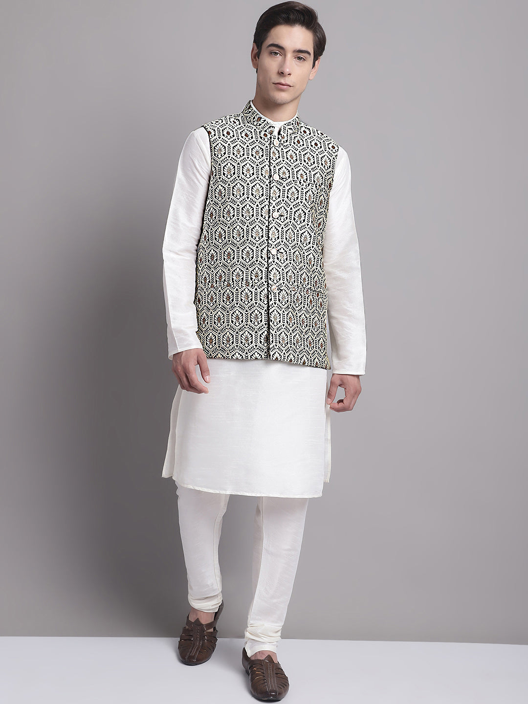 Jompers Men's Silver and Black Woven Design Nehru Jacket With Solid Kurta Pyjama | Grocsy