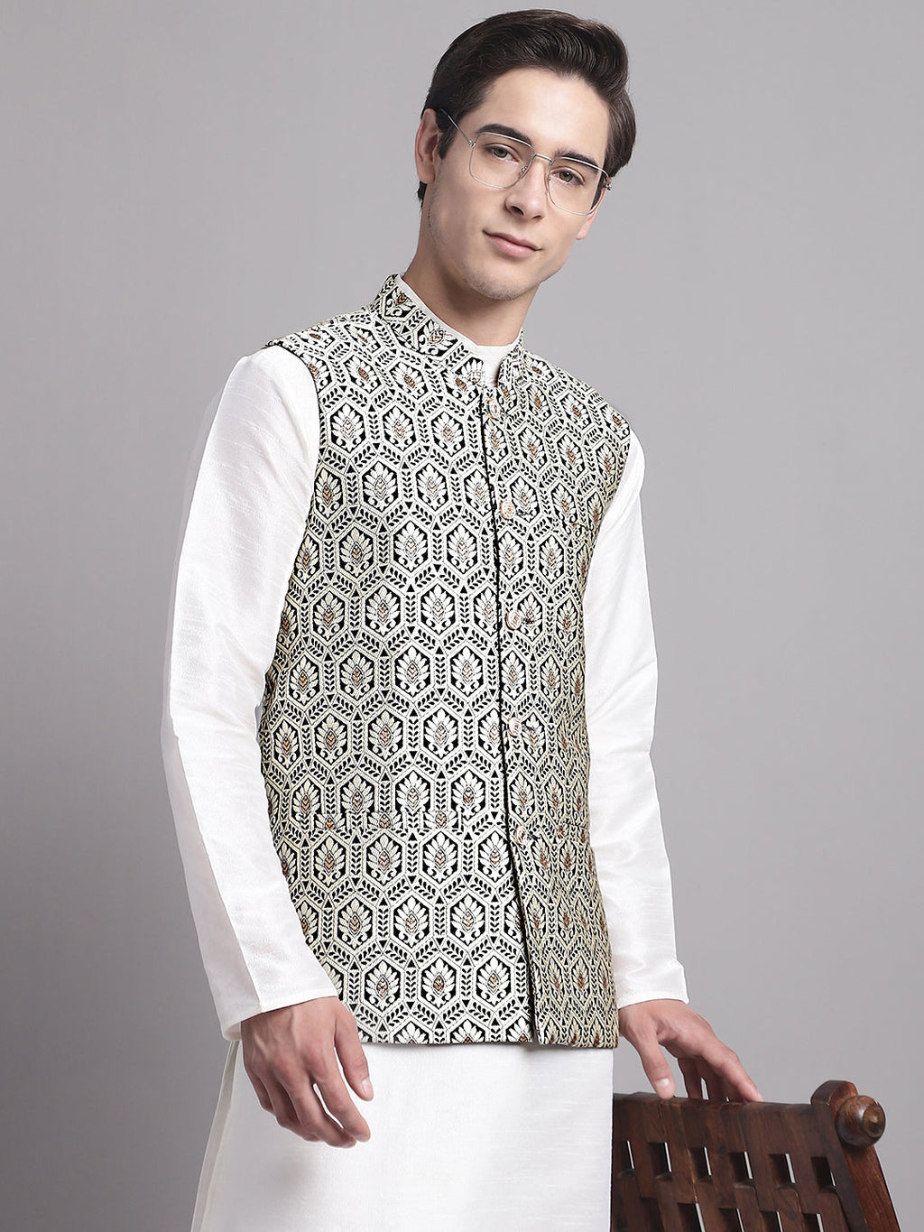 Jompers Men's Silver and Black Woven Design Nehru Jacket With Solid Kurta Pyjama | Grocsy