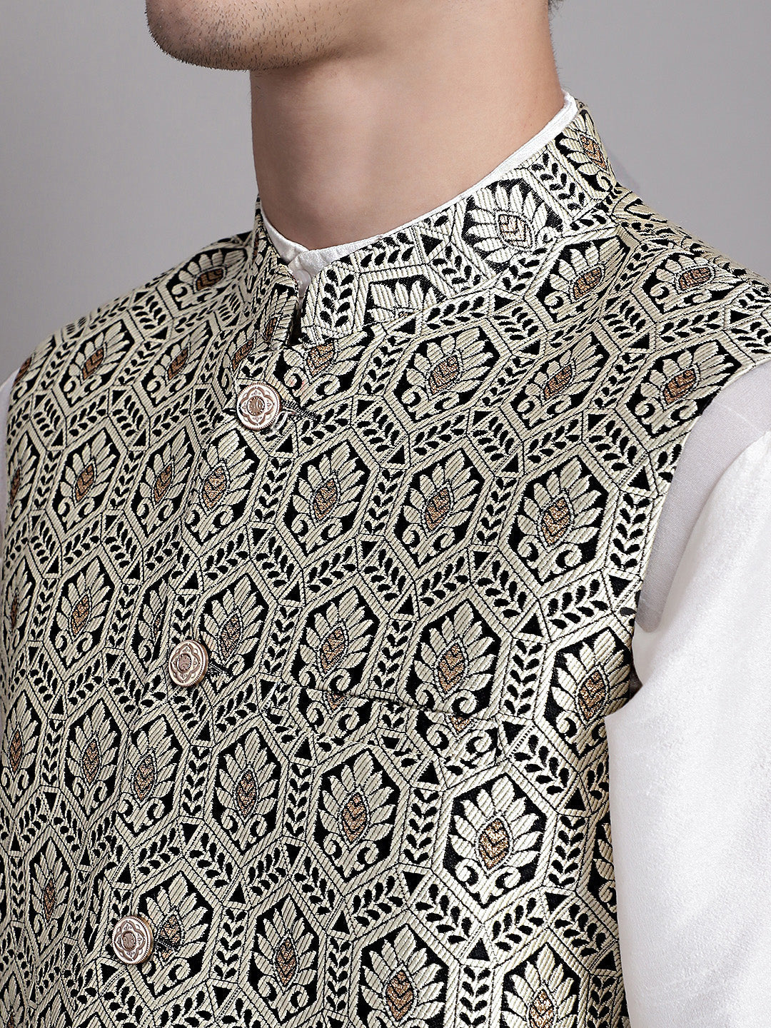 Jompers Men's Silver and Black Woven Design Nehru Jacket With Solid Kurta Pyjama | Grocsy