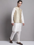 Jompers Men's Cream Woven Design Nehru Jacket With Solid Kurta Pyjama | Grocsy