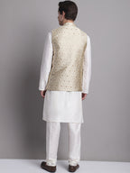 Jompers Men's Cream Woven Design Nehru Jacket With Solid Kurta Pyjama | Grocsy