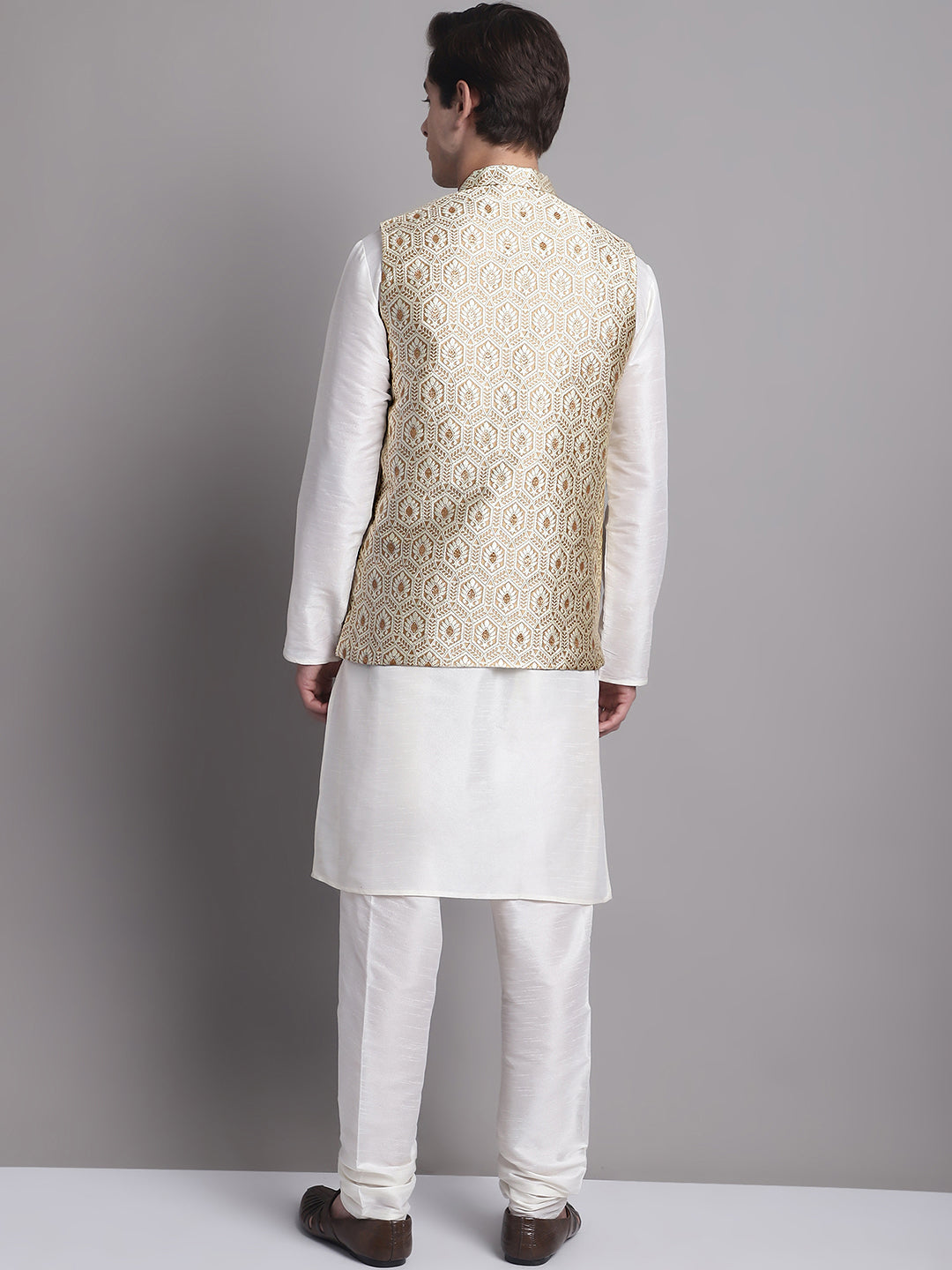Jompers Men's Cream Woven Design Nehru Jacket With Solid Kurta Pyjama | Grocsy