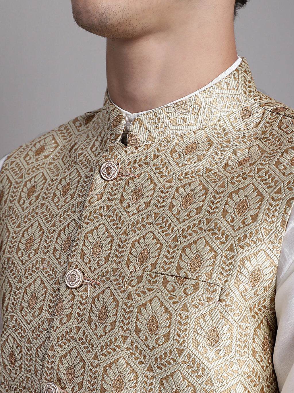 Jompers Men's Cream Woven Design Nehru Jacket With Solid Kurta Pyjama | Grocsy