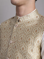 Jompers Men's Cream Woven Design Nehru Jacket With Solid Kurta Pyjama | Grocsy