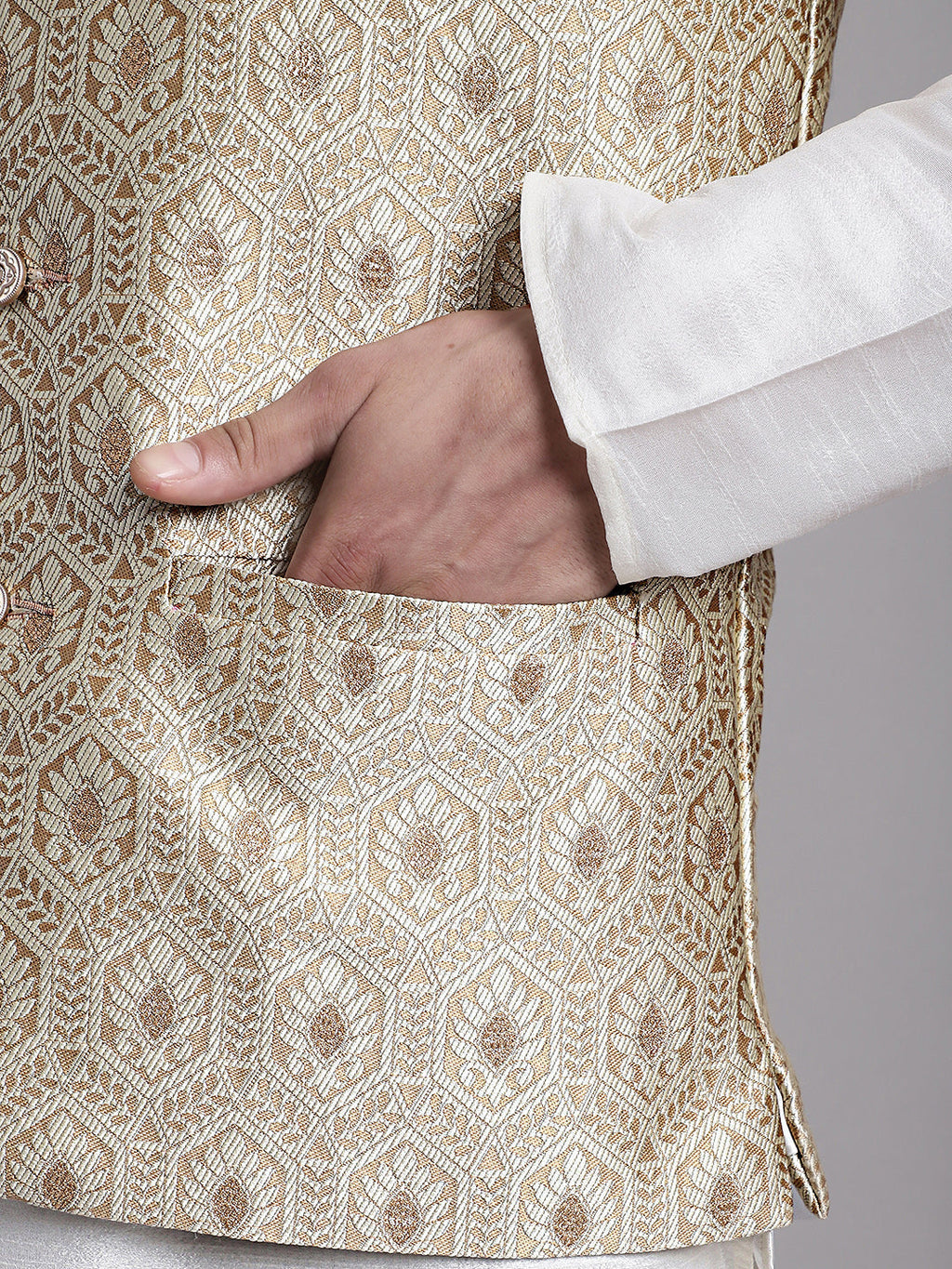 Jompers Men's Cream Woven Design Nehru Jacket With Solid Kurta Pyjama | Grocsy