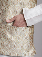 Jompers Men's Cream Woven Design Nehru Jacket With Solid Kurta Pyjama | Grocsy