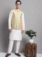Jompers Men's Golden Woven Design Nehru Jacket With Solid Kurta Pyjama | Grocsy