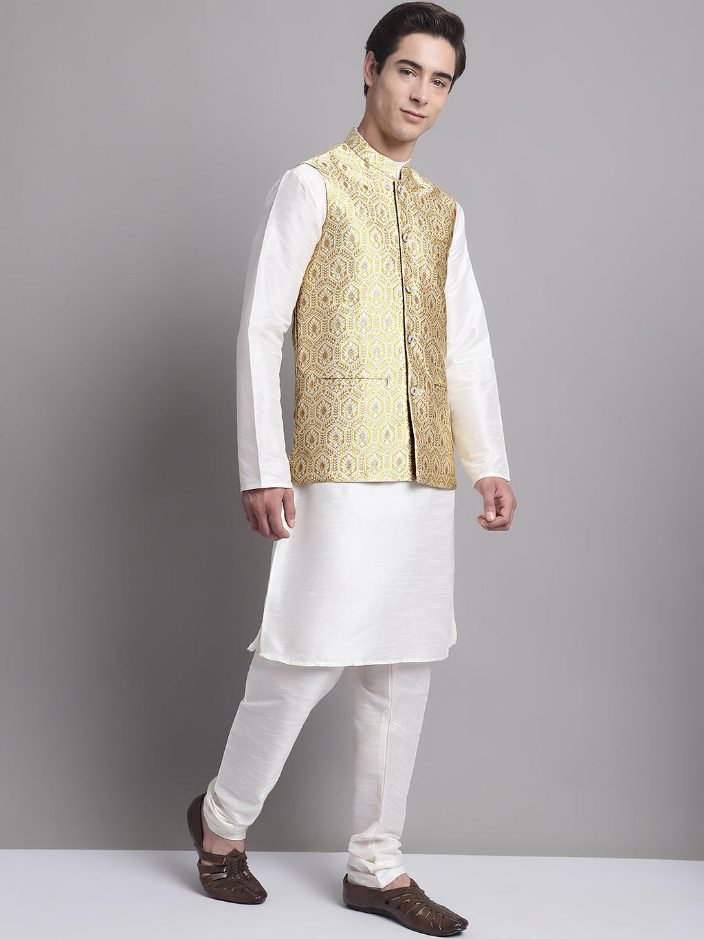 Jompers Men's Golden Woven Design Nehru Jacket With Solid Kurta Pyjama | Grocsy