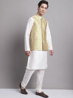 Jompers Men's Golden Woven Design Nehru Jacket With Solid Kurta Pyjama | Grocsy