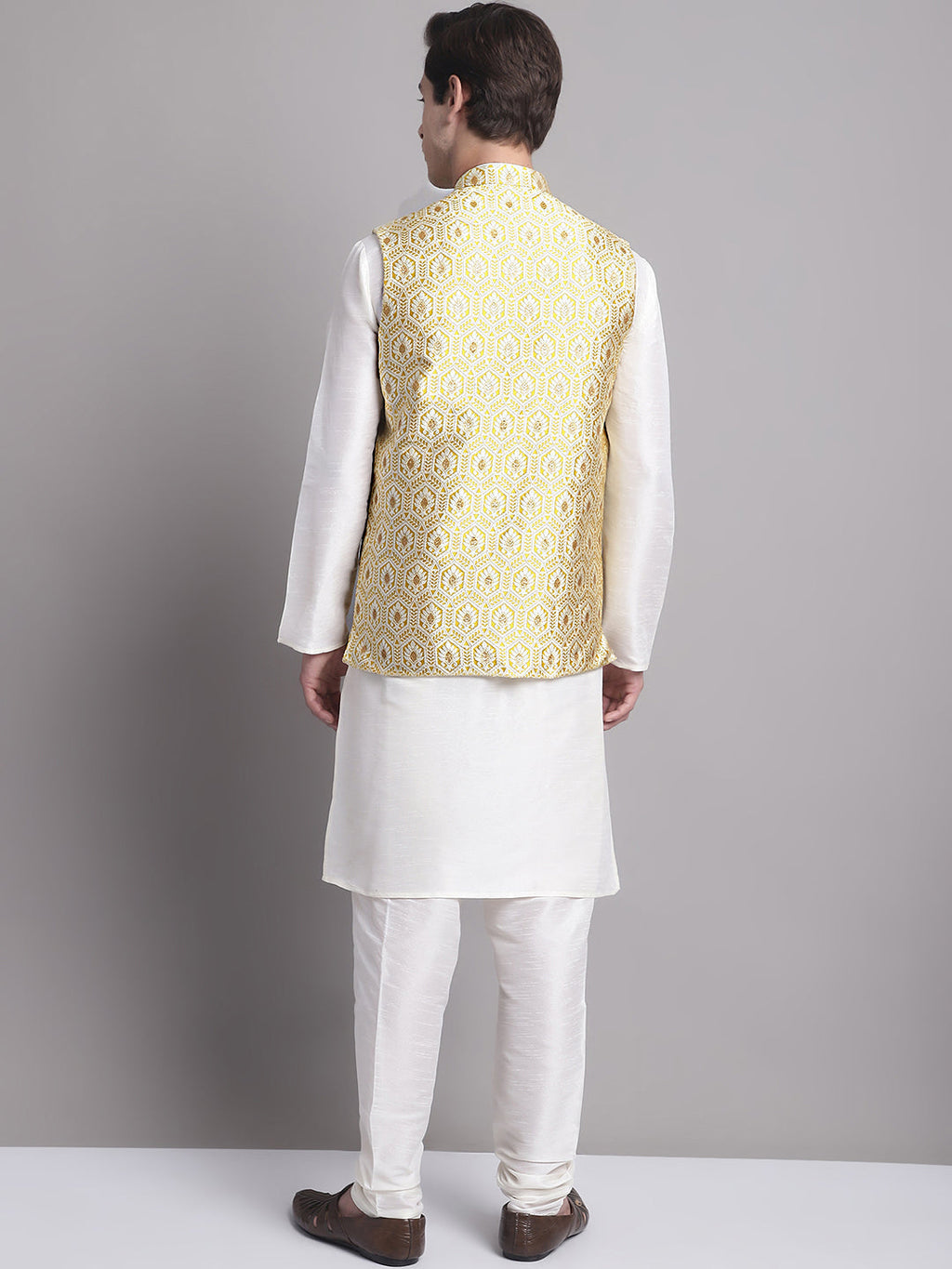 Jompers Men's Golden Woven Design Nehru Jacket With Solid Kurta Pyjama | Grocsy