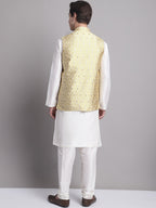 Jompers Men's Golden Woven Design Nehru Jacket With Solid Kurta Pyjama | Grocsy