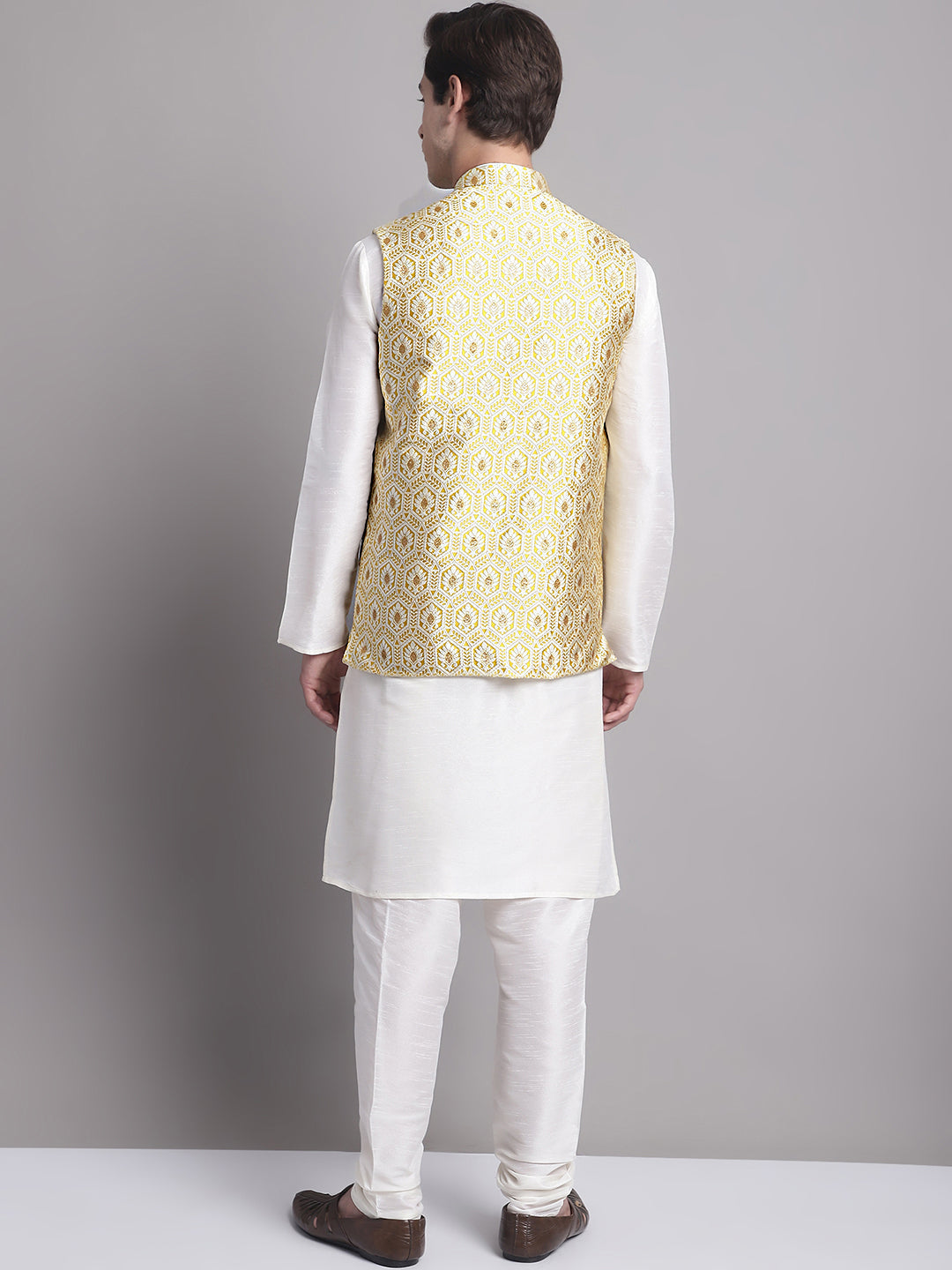 Jompers Men's Golden Woven Design Nehru Jacket With Solid Kurta Pyjama | Grocsy