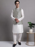Jompers Men's Silver and Navy Blue Woven Design Nehru Jacket With Solid Kurta Pyjama | Grocsy
