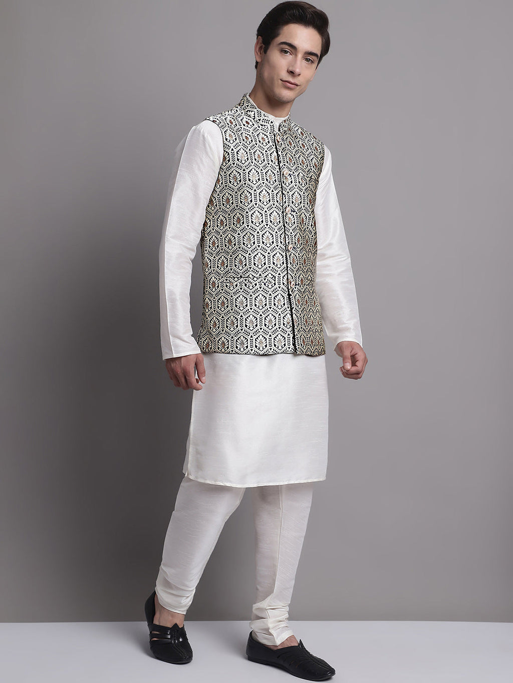 Jompers Men's Silver and Navy Blue Woven Design Nehru Jacket With Solid Kurta Pyjama | Grocsy
