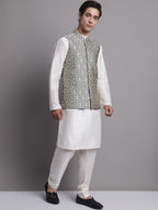 Jompers Men's Silver and Navy Blue Woven Design Nehru Jacket With Solid Kurta Pyjama | Grocsy