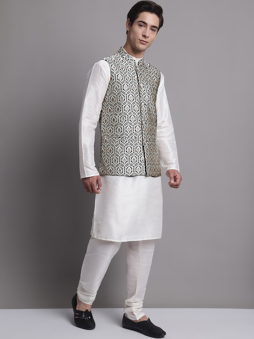 Jompers Men's Silver and Navy Blue Woven Design Nehru Jacket With Solid Kurta Pyjama | Grocsy