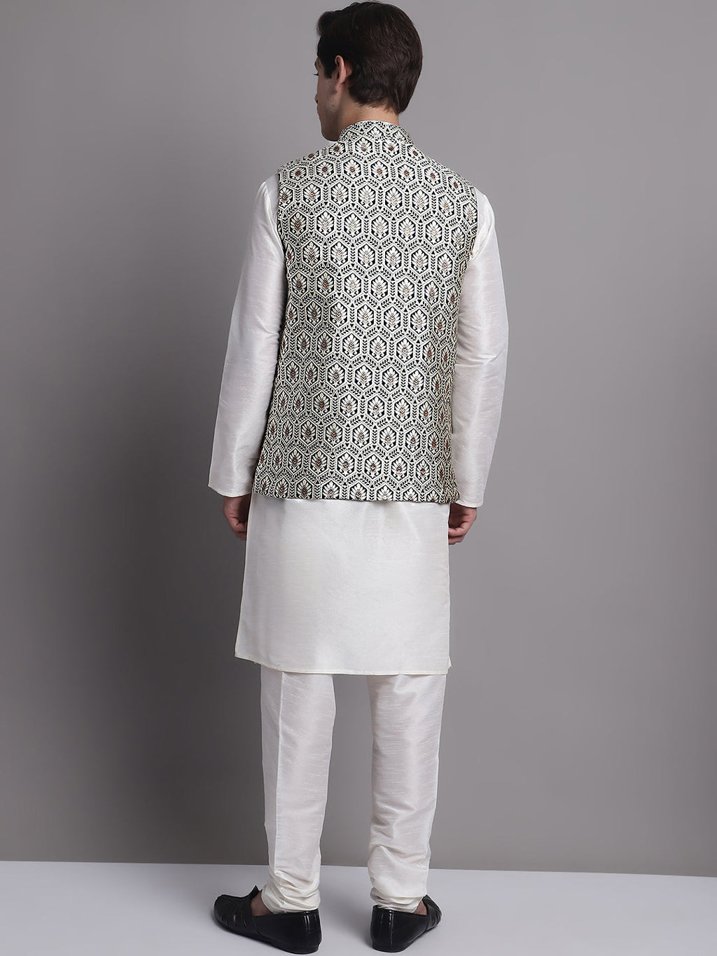 Jompers Men's Silver and Navy Blue Woven Design Nehru Jacket With Solid Kurta Pyjama | Grocsy