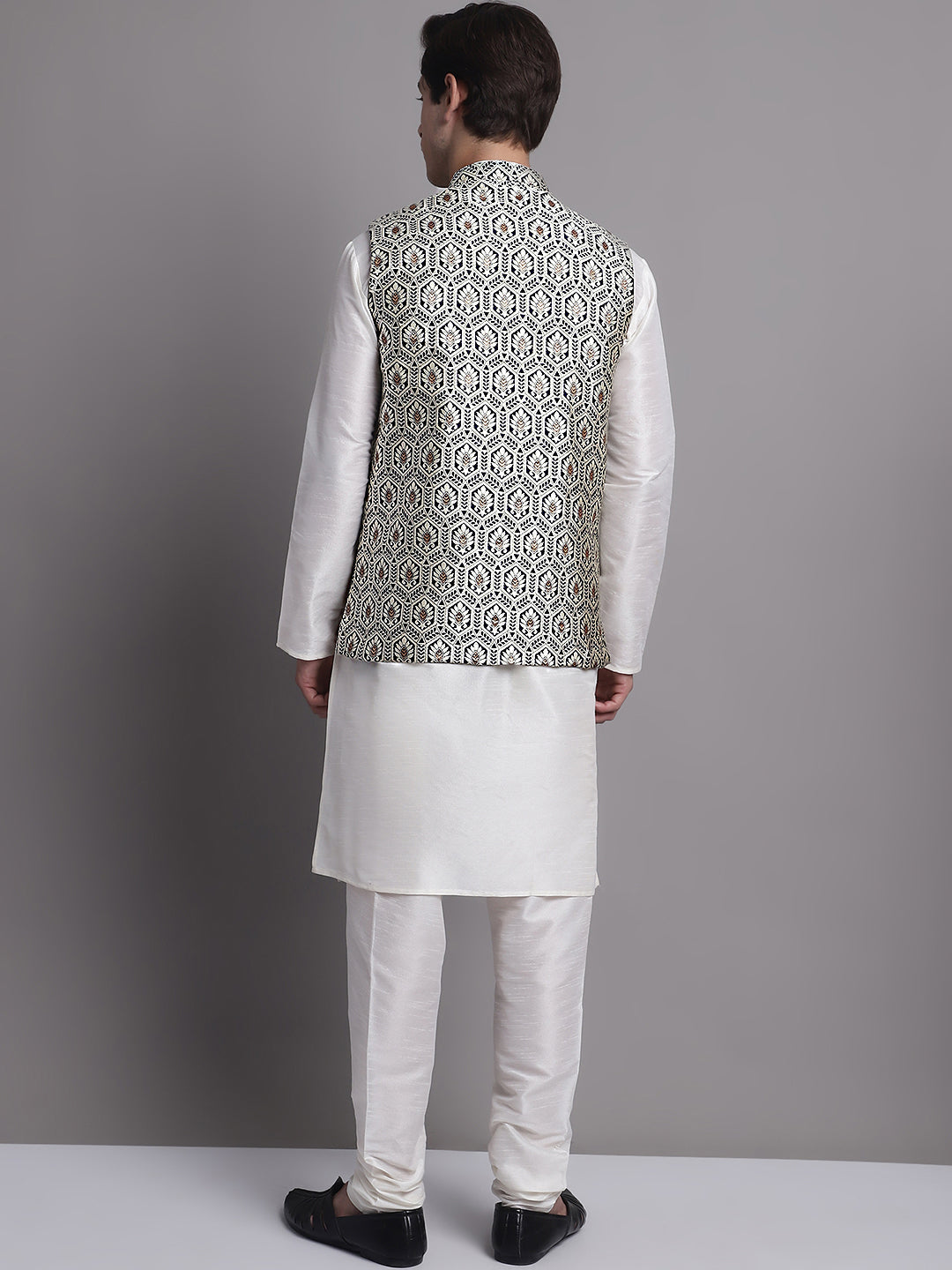 Jompers Men's Silver and Navy Blue Woven Design Nehru Jacket With Solid Kurta Pyjama | Grocsy