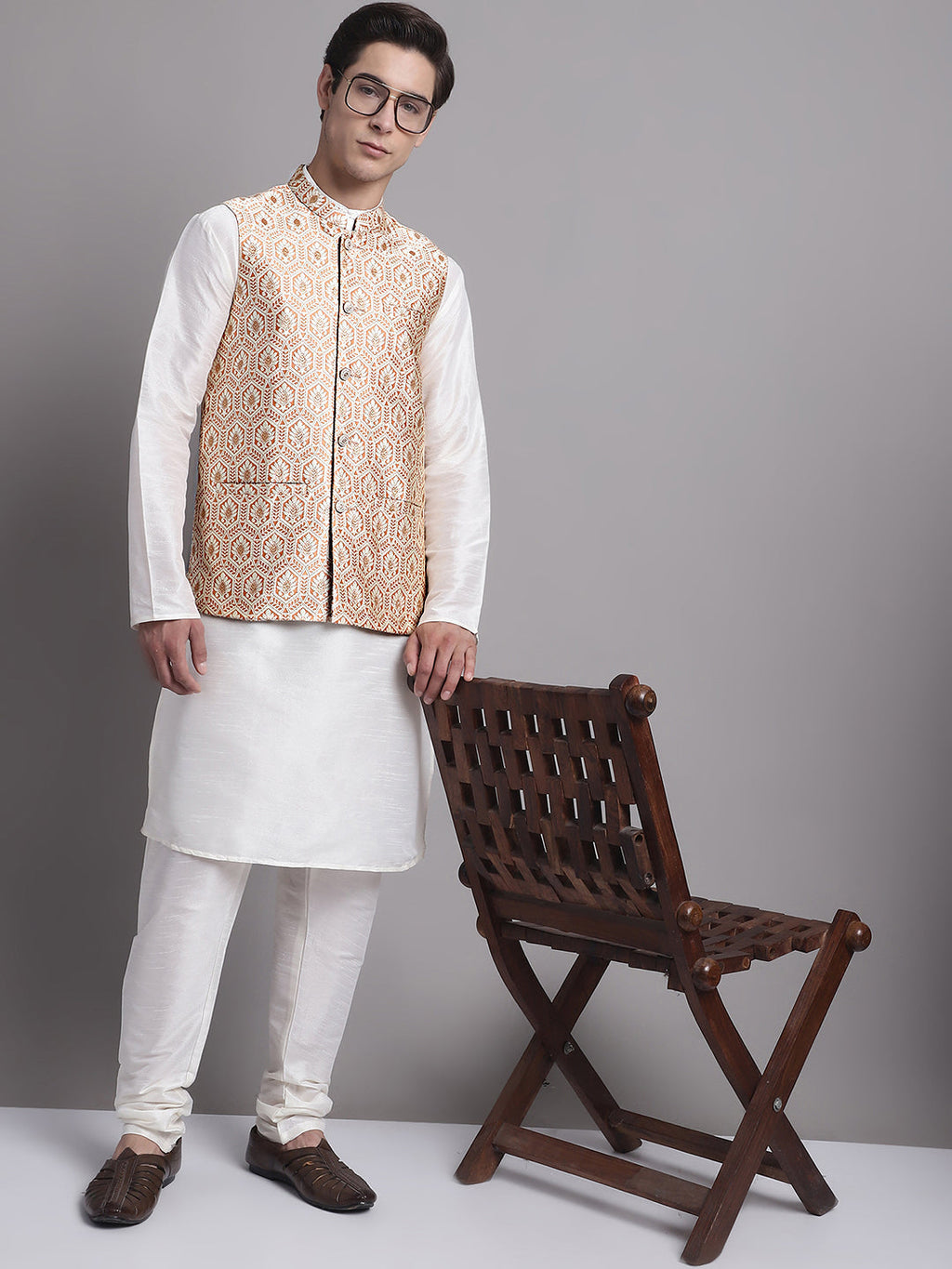 Jompers Men's Peach Woven Design Nehru Jacket With Solid Kurta Pyjama | Grocsy