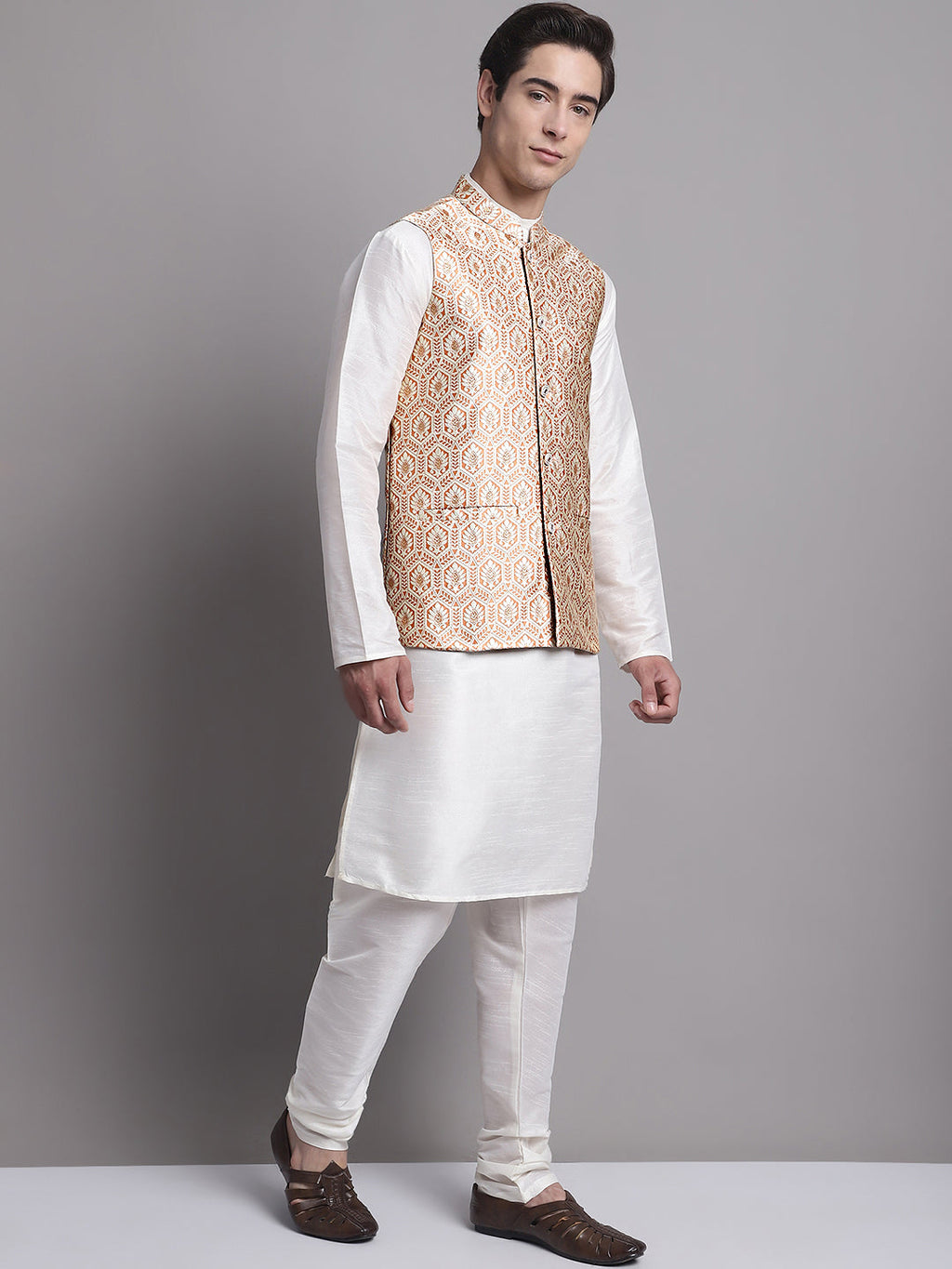 Jompers Men's Peach Woven Design Nehru Jacket With Solid Kurta Pyjama | Grocsy