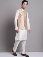 Jompers Men's Peach Woven Design Nehru Jacket With Solid Kurta Pyjama | Grocsy