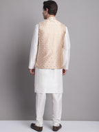 Jompers Men's Peach Woven Design Nehru Jacket With Solid Kurta Pyjama | Grocsy