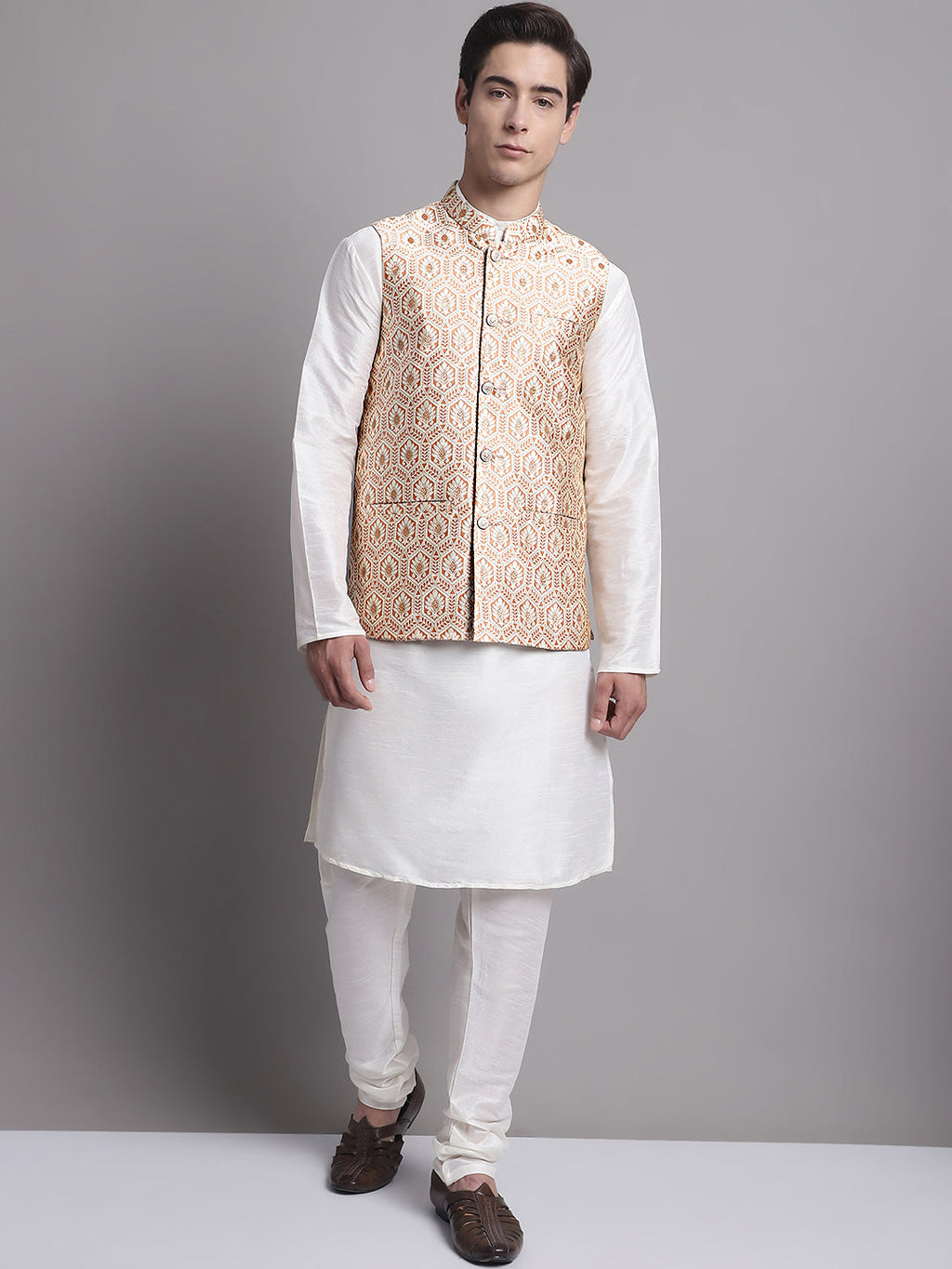 Jompers Men's Peach Woven Design Nehru Jacket With Solid Kurta Pyjama | Grocsy
