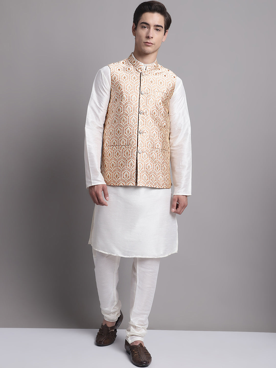Jompers Men's Peach Woven Design Nehru Jacket With Solid Kurta Pyjama | Grocsy