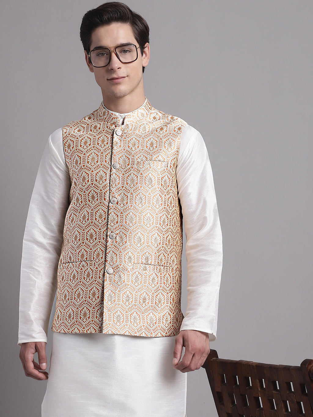 Jompers Men's Peach Woven Design Nehru Jacket With Solid Kurta Pyjama | Grocsy