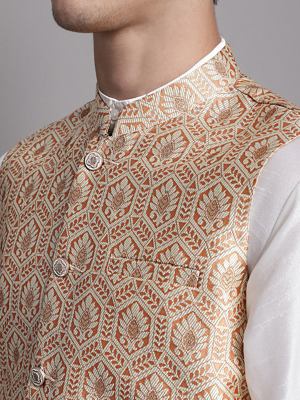 Jompers Men's Peach Woven Design Nehru Jacket With Solid Kurta Pyjama | Grocsy