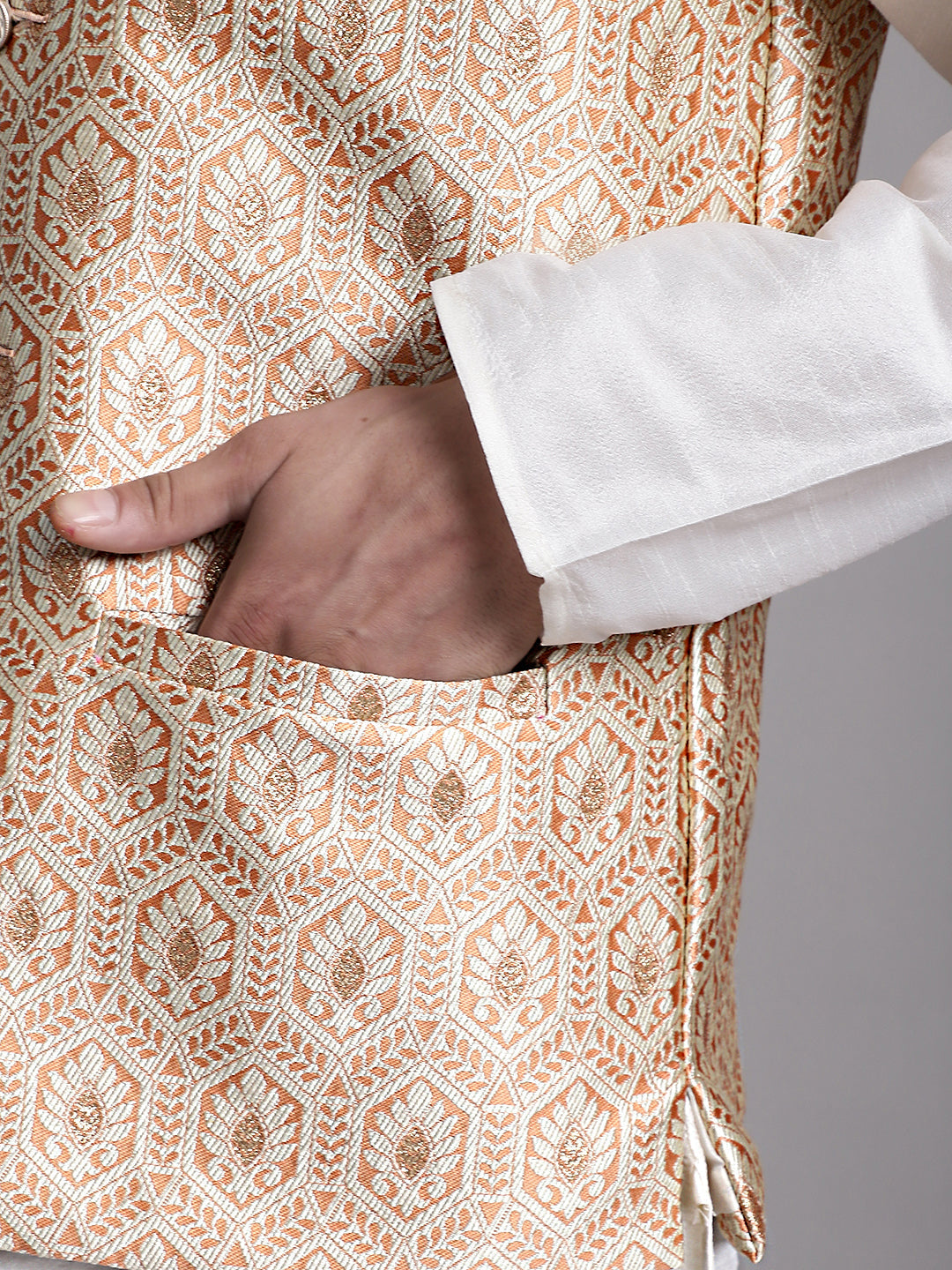 Jompers Men's Peach Woven Design Nehru Jacket With Solid Kurta Pyjama | Grocsy