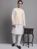 Jompers Men's Cream Printed Nehru Jacket With Solid Kurta Pyjama | Grocsy