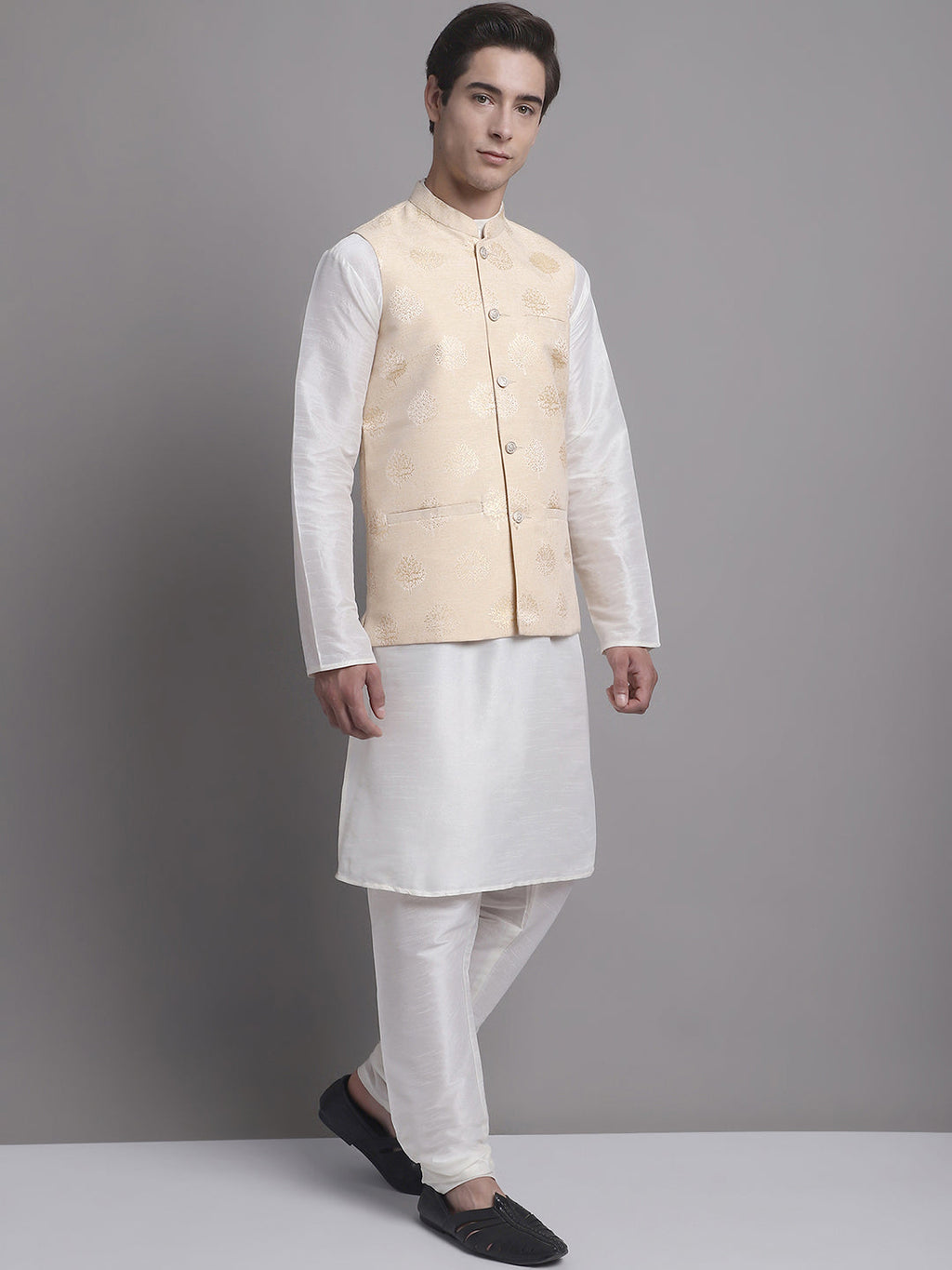 Jompers Men's Cream Printed Nehru Jacket With Solid Kurta Pyjama | Grocsy