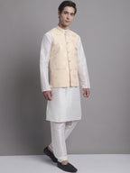 Jompers Men's Cream Printed Nehru Jacket With Solid Kurta Pyjama | Grocsy