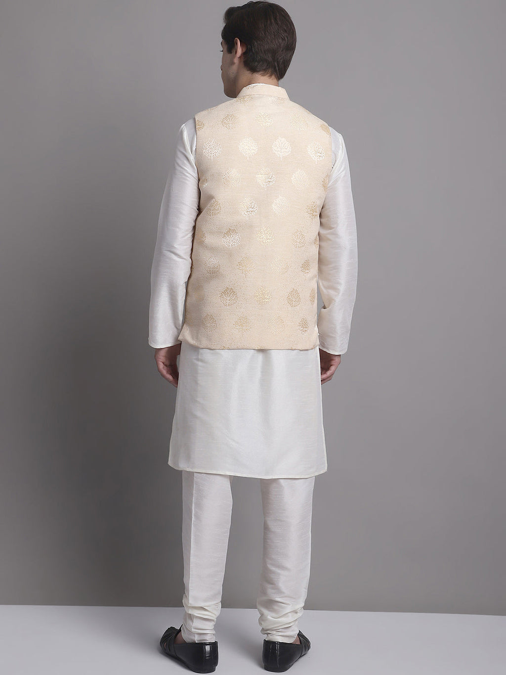 Jompers Men's Cream Printed Nehru Jacket With Solid Kurta Pyjama | Grocsy