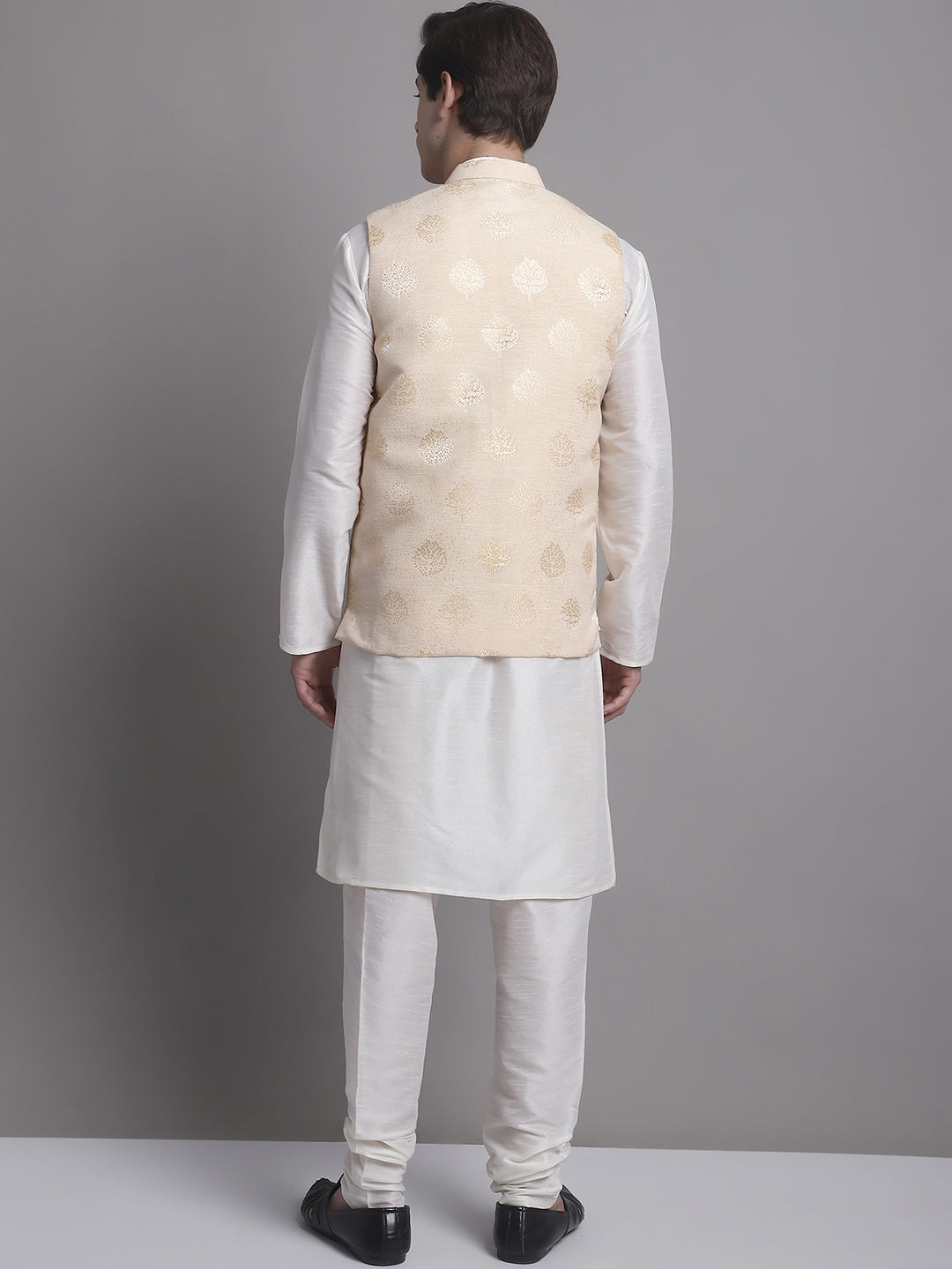 Jompers Men's Cream Printed Nehru Jacket With Solid Kurta Pyjama | Grocsy