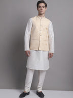 Jompers Men's Cream Printed Nehru Jacket With Solid Kurta Pyjama | Grocsy