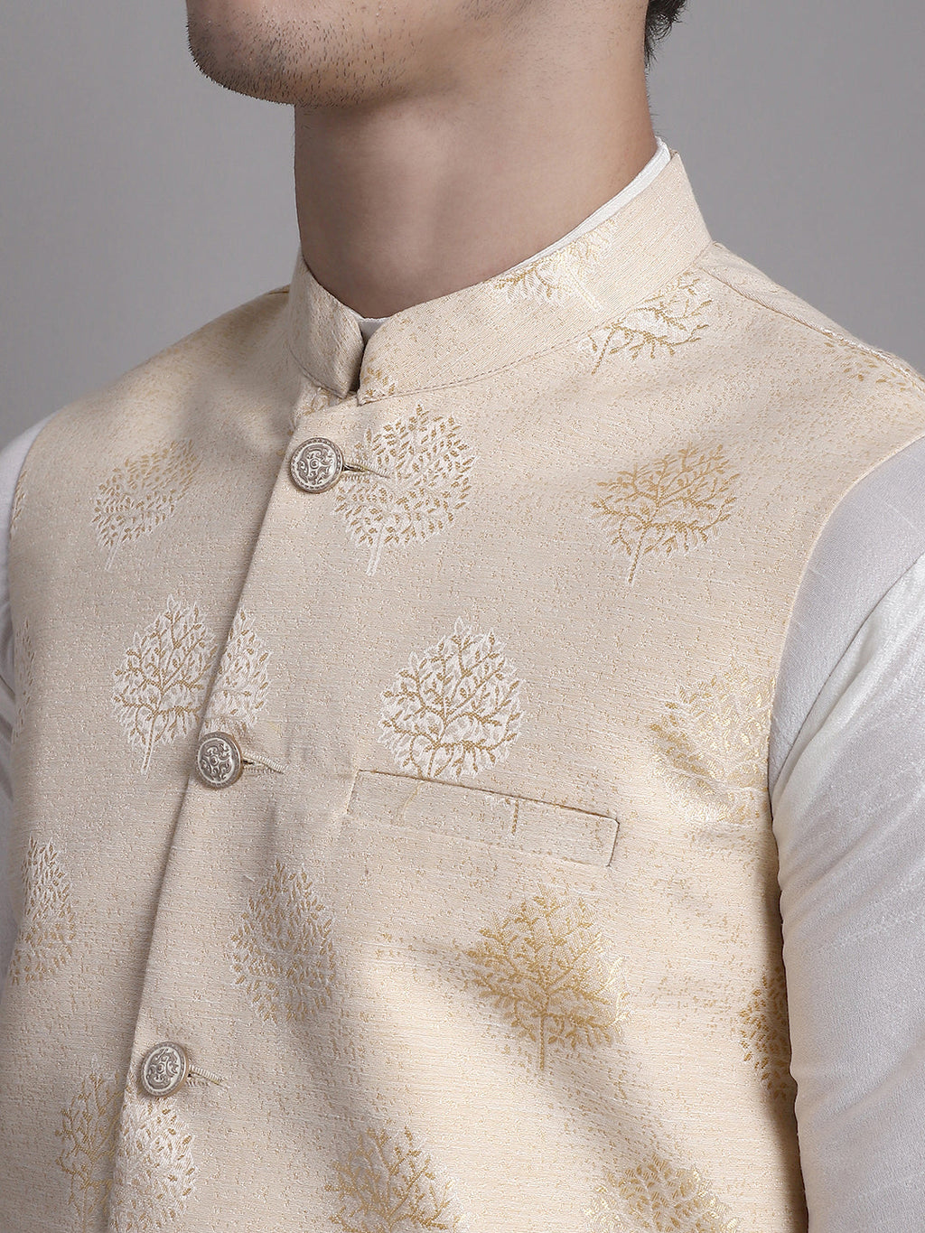 Jompers Men's Cream Printed Nehru Jacket With Solid Kurta Pyjama | Grocsy