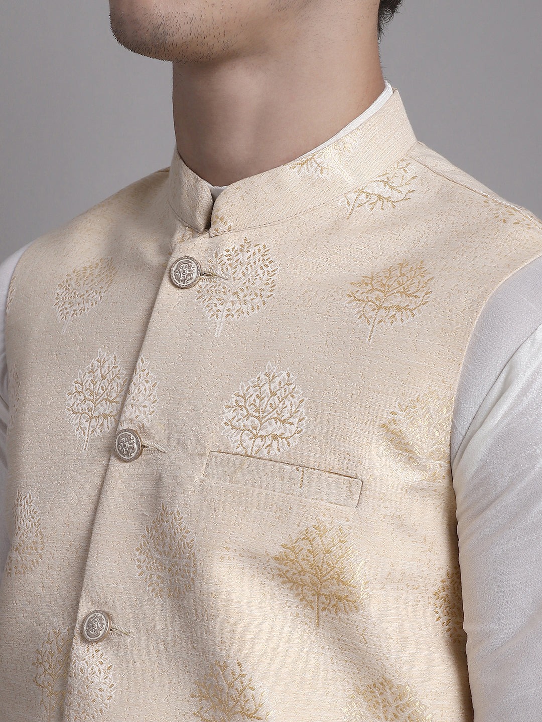 Jompers Men's Cream Printed Nehru Jacket With Solid Kurta Pyjama | Grocsy