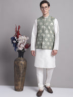 Jompers Men's Green Printed Nehru Jacket With Solid Kurta Pyjama | Grocsy