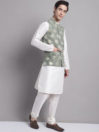 Jompers Men's Green Printed Nehru Jacket With Solid Kurta Pyjama | Grocsy