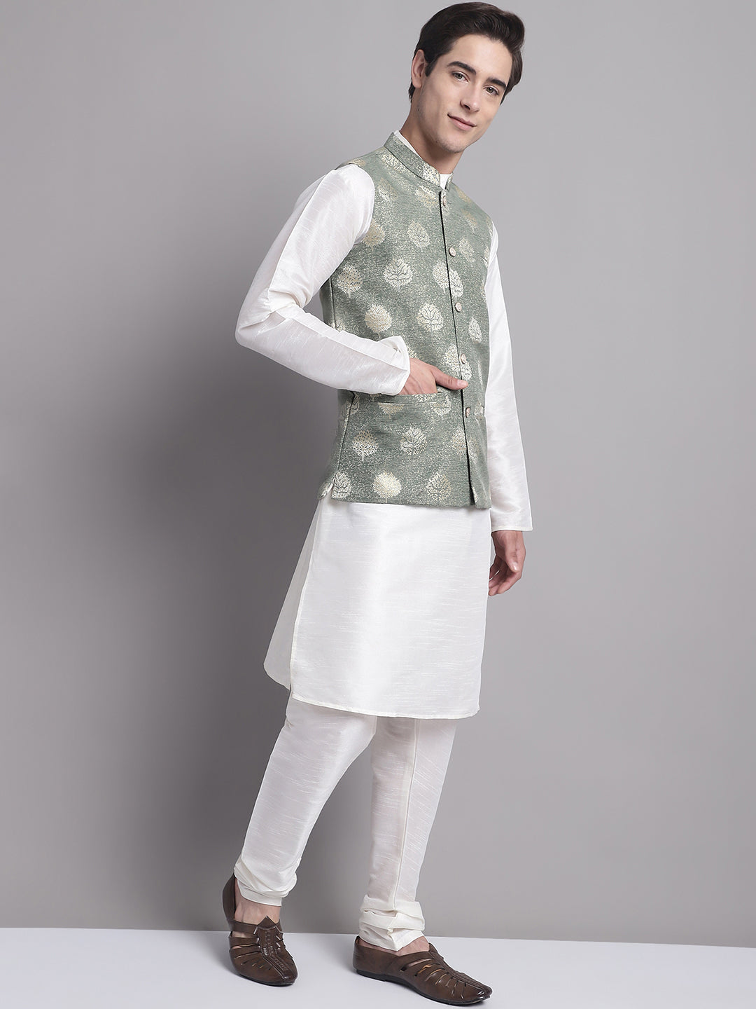 Jompers Men's Green Printed Nehru Jacket With Solid Kurta Pyjama | Grocsy