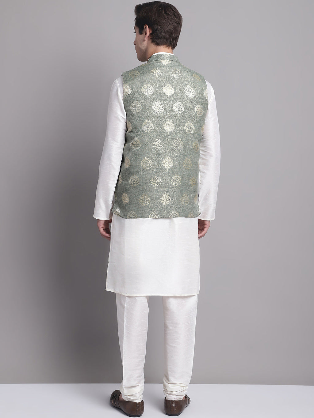 Jompers Men's Green Printed Nehru Jacket With Solid Kurta Pyjama | Grocsy